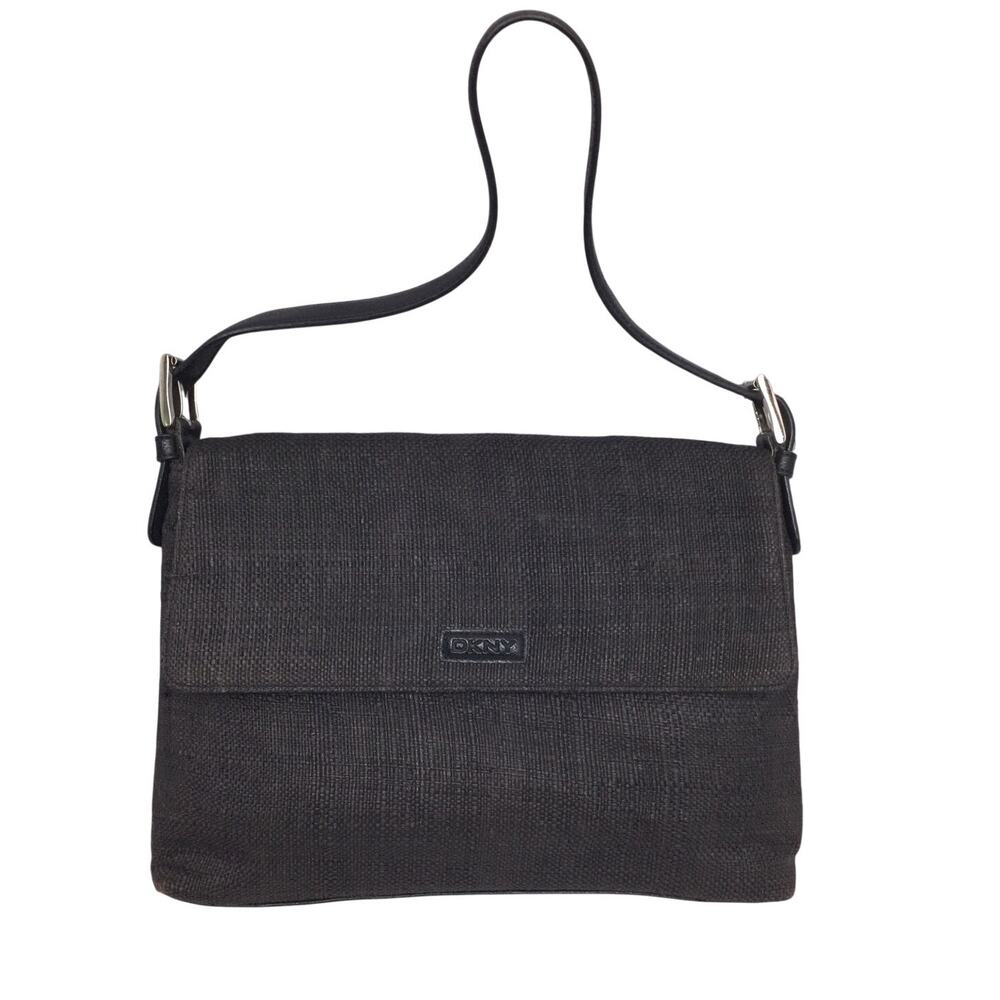 DKNY Retro VTG Woven Buckle Faux Leather Adjustable Strap Flap Over Shoulder Bag
